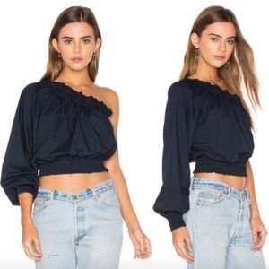 ❤️ 3 for $35 FREE People one Shoulder crop ruffle blouse top shirt blue small